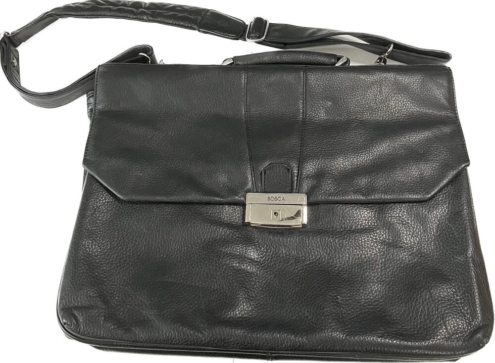 BOSCA Black Soft Leather Double Gusset Flapover Briefcase Messenger Bag